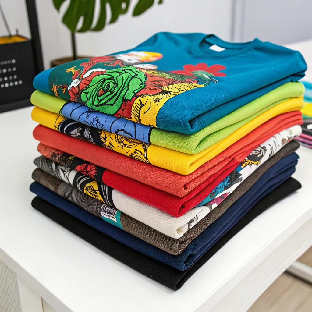 Pile of colorful custom t-shirts