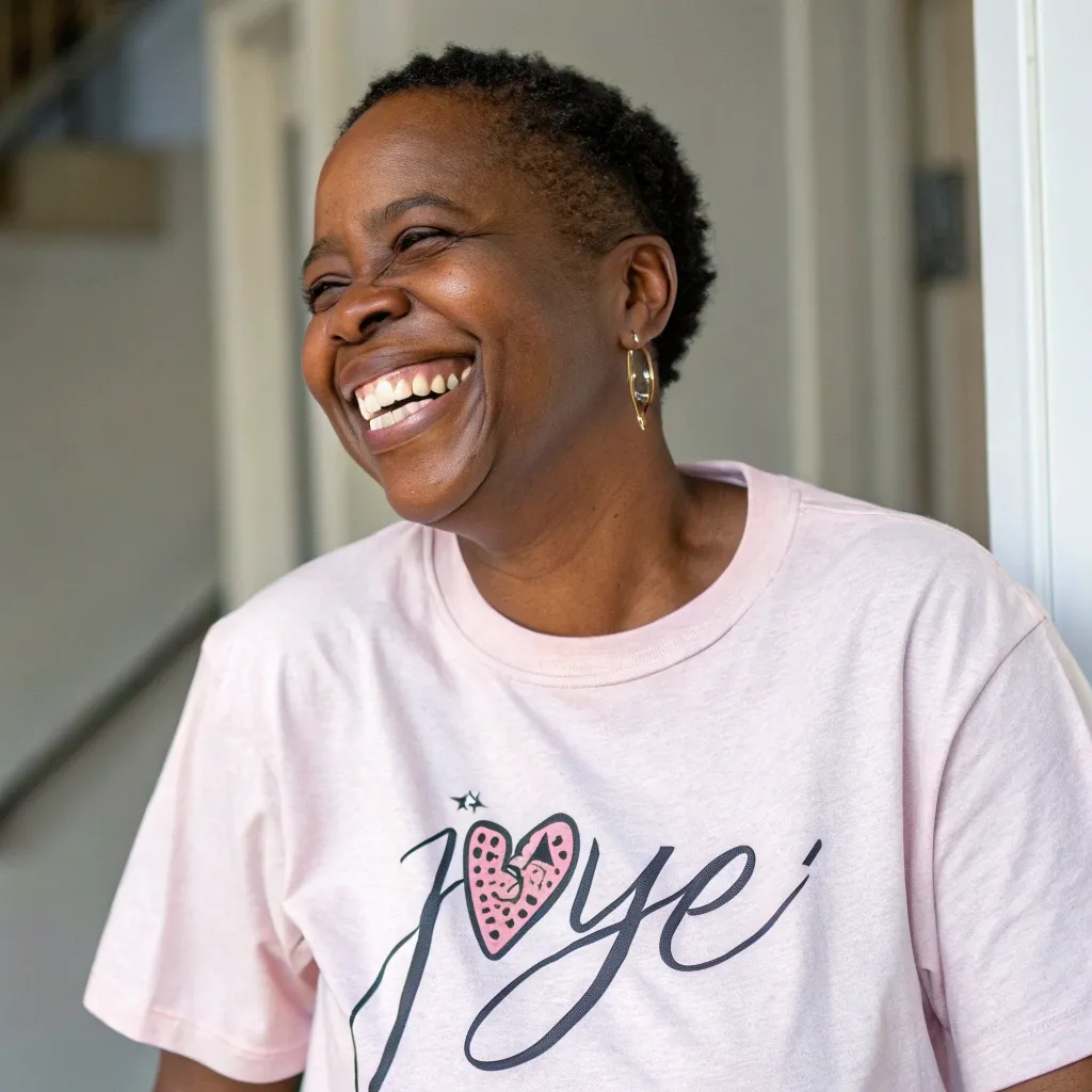 Joye smiling wearing a custom t-shirt