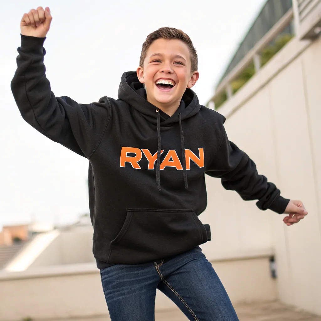 Ryan wearing a personalized hoodie with an enthusiastic expression