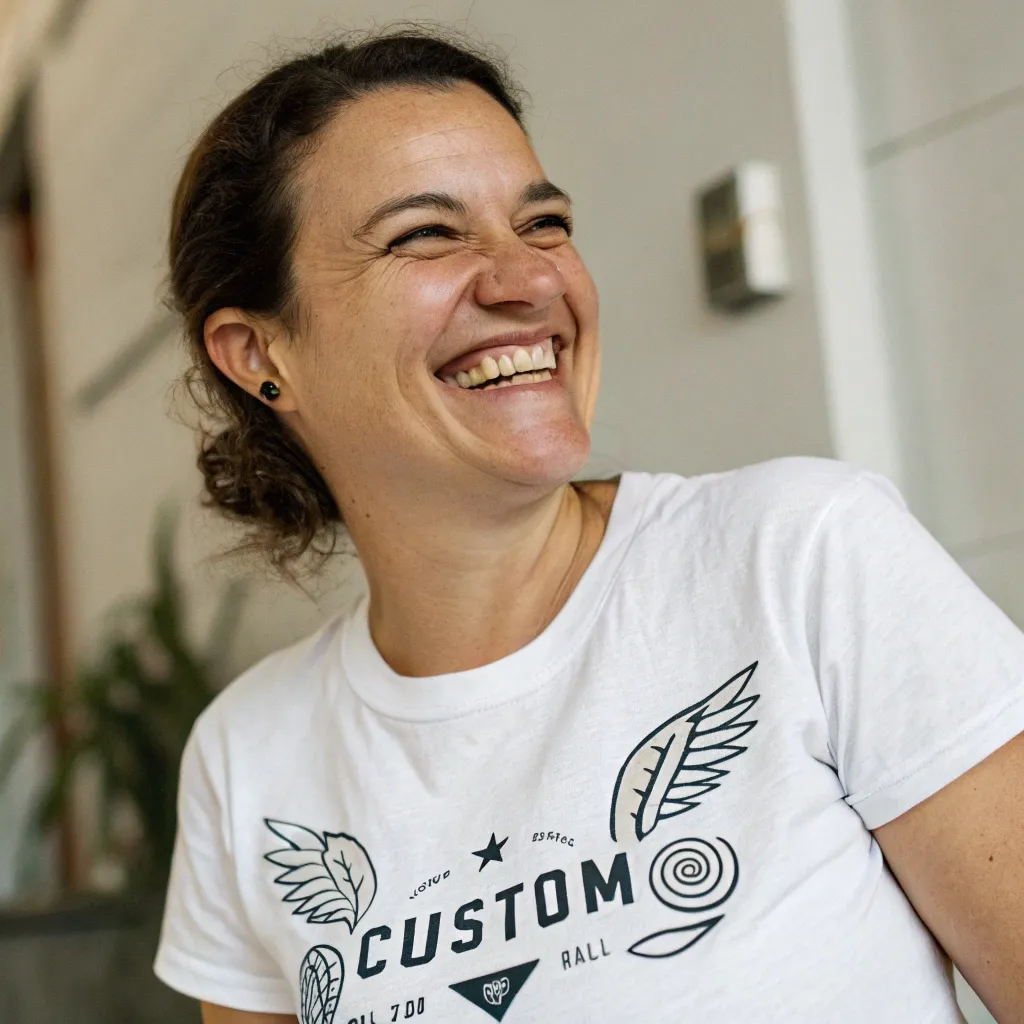 Smiling woman wearing a custom t-shirt