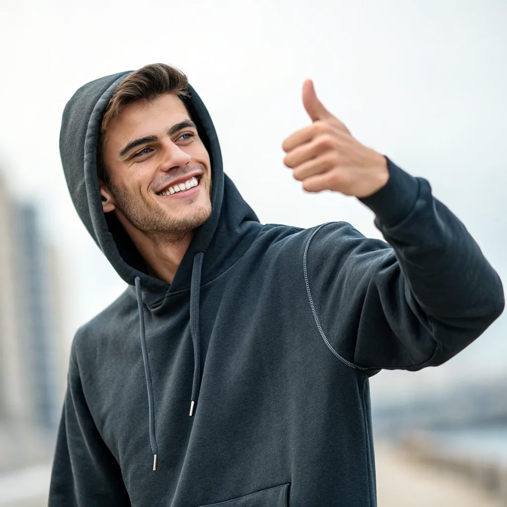 Young man giving a thumbs-up while wearing a hoodie